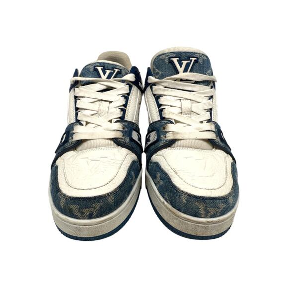 Louis Vuitton Leather Denim Monogram LV Trainer Sneaker Blue White Size 3.5 - Picture 5 of 16